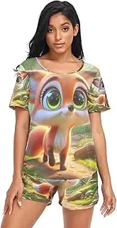 [RPLIFE] Cute Fox Big Eyes Womens Shorts Pajama Set, Women Lounge Set, Cute Fox Big Eyes, Medium