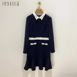JESSICA - 氣質魚尾裙擺長袖雪紡洋裝修身顯瘦232274（深藍）
