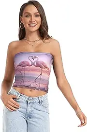[RPLIFE] Valentine Flamingos Pink Women Tube Top Strapless Top, Sheer Tube Tops, Trendy Crop Tops (S)