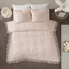 NEW! ~ COZY ULTRA SOFT PLUSH PINK MODERN CHENILLE FRINGE VINTAGE CHIC QUILT SET