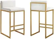 Modern Velvet Counter Height Bar Stools Set with Back and Footrest Square Low Back Dining Chairs for Kitchen Island Home Pub White/Gold Leg 65cm (2Pcs)