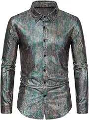 [Generic] Mens Sexy Pattern Metallic Party Shirts Long Sleeve Disco Dance Party Shiny Stage Prom Costume