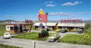 Blair Line HO 1/87 SUNSET MOTEL Office w/Canopy Rooftop Sign, Laser-Cut Wood Kit