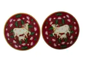 Hand painted Cow with kamal talai artwork on wooden wall plates set of 2 plate