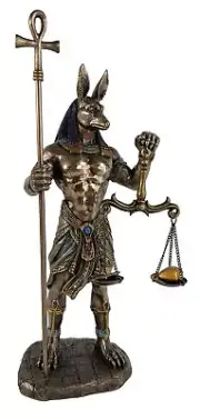 10 5/8" Egyptian Anubis Statue Holding Scale and Ankh Staff Bronze Color