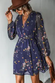 Cupshe Realm Of Sky Floral Print Chiffon A-Line Mini Dress - Navy,M