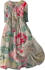 [Generic] Long Sundresses for Women Casual Summer Midi Long Sleeve Loose Dress Dresses with Bell Sleeves (Rose Gold-B, XXL)