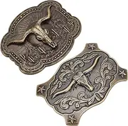 [WEBEEDY] 2 Styles Long Horn Bull Belt Buckles American Western Cowboy Belt Buckle for Men Women,Vintage Bronze Belt Buckle with Longhorn Motif and Western Scroll Engraving Unisex Fashion Gift, Bronze,