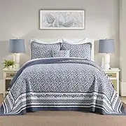 QuiltMuse 100% Cotton Bedspread King Size 120"x120" - Lightweight Oversized King Quilt with 2 Pillowshams, Reversible Farmhouse Printed Botanical King Quilted Bedding Coverlet, 3 Pieces, White/Blue