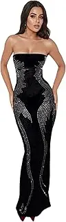 [ZGMYC] Women's Sparkle Rhinestone Strapless Maxi Dress Sexy Side Split Tube Top Dress Long Bodycon Cocktail Party Dress