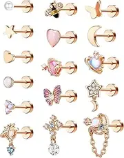 [Kakonia] 16Pcs Dangle Cartilage Earrings for Women Men Stainless Steel Tragus Stud Earrings 16G and 20G Butterfly Heart CZ Opal Flat Back Earrings Cartilage Tragus Conch Helix Daith Piercing Jewelry
