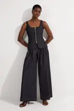 Petite Tailored Denim Peplum Wide Leg Jumpsuit