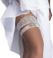 [KSM Industries] Large White Stretch Lace Wedding Leg Garter & Toss Set with Luxurious Bag for Easy Storage. Made for Plus Size Woman