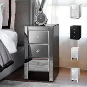 ALFORDSON Mirrored Bedside Table 60cm Height Sofa Side Table Bedroom Living Room Table Nightstand Storage Organiser Home Furniture Glass Cabinet Chests of 3 Drawers in Grey Colour