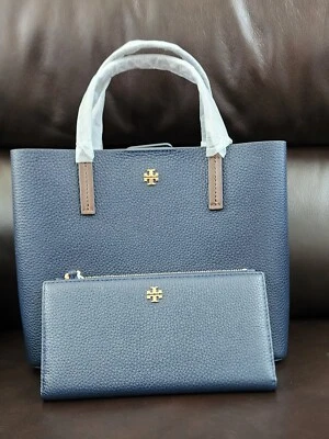 Authentic Tory Burch Blake small tote bag Navy/Muscadine & Matching Wallet NWT