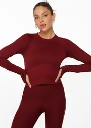 [Lorna Jane] Seamless Contour Cropped Long Sleeve Top in Red, Size - XL XL Sepia
