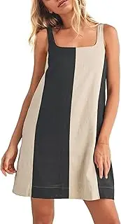 [AIHUKOCY] Women Color Block Square Neck Sleeveless Mini Dress Adjustable Wide Strap Contrast Linen Short Dress with Pockets