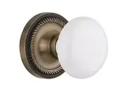 Warehouse Rope Rosette with White Porcelain Knob, Single Dummy, Antique Brass