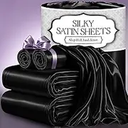 DECOLURE Satin Sheets, Silky Satin Sheet Set, Satin Bed Sheets Queen Set, (Queen Size) Black