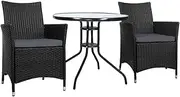 Gardeon 3pcs Wicker Patio Furniture, Bistro Set Table and Chairs Outdoor Lounge Setting Conversation Sets Dining Chair Garden Backyard, Cushion with Rattan Coffee Table Glass Tabletop Black Idris