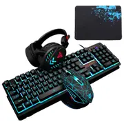 104Key Waterproof design USB Wired Multimedia RGB Backlit Mechanical Gaming Keyboard and LED Gaming Headphone and 3200DPI LED Gaming Mouse Sets with Mouse Pad