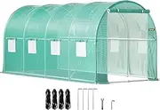 VEVOR Walk-in Tunnel Greenhouse, 4.5x2.1x2.1m, Portable Plant Hot House w/Zippered Door, 8 Roll-up Windows, Galvanized Steel Hoops, 1 Top Beam, and 2 Diagonal Poles, Green