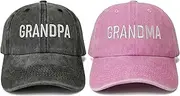 [Shenbors] Grandma and Grandpa Gifts, Black & Pink Grandparent Baseball Caps, Embroidered Adjustable Cotton Snapback Distressed Hat, Grandpa Grandma (Washed Black & Washed Pink), One Size