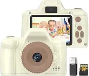 1080P Digital Camera Digital Video Camera for Dual Lens 2.4 Inch IPS Screen Game Playing Music Listening Built-in Battery with Neck Strap 32GB TF Card USB Card Reader Birthday Beige