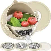 4-1 Colander with Mixing Bowl Set - Strainers for Kitchen, Food Strainers and Colanders, Pasta Strainer, Rice Strainer, Fruit Cleaner, Veggie Wash, Salad Spinner, Apartment & Home Essentials - Beige