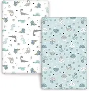 GRSSDER Stretchy Ultra Soft Jersey Knit Fitted Pack n Play Sheets Set 2 Pack, Portable/Mini Crib Sheets, Happy Dinosaurs for Girls and Boys
