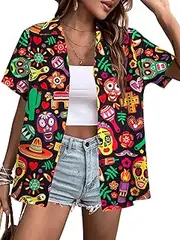 [VILOVE] Cinco De Mayo Shirt Women Mexican Hawaiian Shirts Funny Fiesta Party Button Down Shirts Casual Button Up Tops