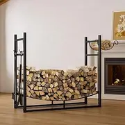[Moyasu] Fireplace Log Rack with Kindling Holder, Firewood Rack Wood Storage with Tools 5-Piece Indoor Outdoor, Log Holder Rack Storage Stacking Stove Logs Fireplace Tools Set Black, 84cmx33cmx76cm