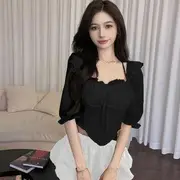 Short-Sleeve Cold Shoulder Plain Frill Tie Front Crop Blouse Black - One Size