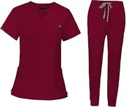 [yuksok] Uniforms Scrub Set with Pockets Nurse Top and Pants Modern Female Work Clothing Work suits Workwear for Athletic Pet Grooming, XS, Red