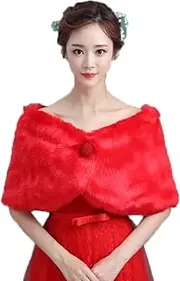 [SMTCM] Bridal Stole Faux Fur Wedding Scarf Women's Red Faux Fur Scarves Wrap Bridal Cape Collar Fur Winter Bridal Scarf Evening Stole Women Fur Scarf Bolero Cape Cloths for Cheongsam Wedding Dress Banquet