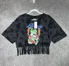 Poison 2023 Tie Dye Crop Fringe Hem Tee Top Womens Size XL Black 80s Band NWT