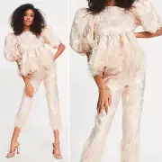 ASOS 2pc metallic babydoll top pants tinsel feather fringe pink silver Barbie XS
