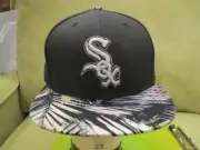 New Era White Sox Fitted Black Hat, Palms Printed on Visor, Size 7 5/8