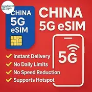 China eSIM for Travel 5G High-Speed Data No Speed Reduction Supports Hotspot 5GB 10GB 20GB 50GB (20GB for 30Days)