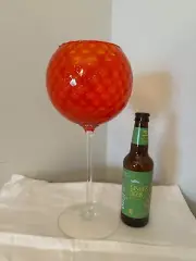 Large Empoli Glass Italy Tangerine Orange Tall Quilted Diamond Optic Goblet Vase