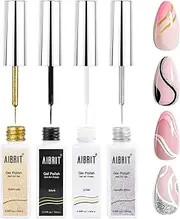 Gel Liner Nail Art Polish Set 10ml, 4 Colors Black White Gold Silver Nail Design Paint with Thin Nail Art Brush in Bottle for Swirl Nails Euphoria Nail French Tips Manicure Painting DIY at Home