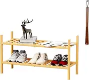 VOPOG Shoe Rack, 2-tier Bamboo Shoe Rack for Front Door Entrance with Shoe Horn, Stackable Shoe Rack Organizer Shoe Shelf for Entryway, Hallway, Bathroom, and Closet Shoe Organizer - Natural