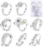 [sailimue] 8Pcs Fidget Anxiety Rings for Women Fidget Rings for Anxiety Adjustable Open Fidget Ring Set with Box Cubic Zirconia Flower Beads Rotatable Worry Ring Anxiety Stress Relief Ring, Metal, Cubic