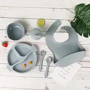 Frafuo Silicone Baby Feeding Set 6 Pcs,Baby Led Weaning Supplies, Baby Spoon and Fork ，Suction Bowl ，Divided Plate ，Bib， Cup,First Stage Solid Food Eating Utensils - 6+ Months(Gray)