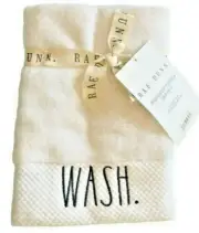 Rae Dunn Fingertip Towels Bath Guest 12x18" Set of 2 White Wash Dry Embroidered
