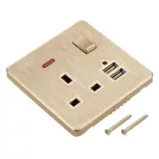 UK Socket Switched Multi Power Outlet Dual USB Gold Tone 250V 13A 88x86mm