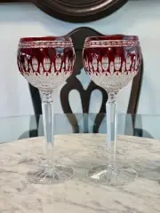 MINT Set Of 2 Waterford Crystal CLARENDON RUBY RED 8" Hock Wine Goblets Glasses