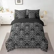 Jacquard Damask Bed in a Bag Full Size Boho Damask 7 Piece Bedding Set for Boys Girls Decor Vintage Floral Bed Set Includes Comforter, Sheets, Pillowcases & Pillow Covers Skull Bedroom Decor