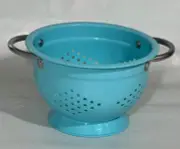 Blue Metal Enamel Strainer Colander Kitchen 7” wide 4” H Bright Great
