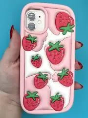 3D cute Iphone 11 case pink w/ red strawberries silicone
